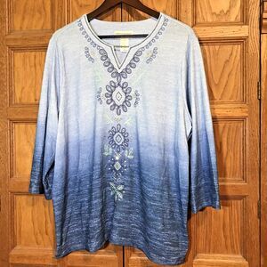 Alfred Dunner Women's 1X Blue Ombre Knit Blouse 3/4 Sleeve Bling Pullover Top